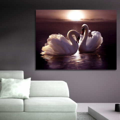 Quadro moderno animali "CIGNI AL TRAMONTO" - Stampa su tela