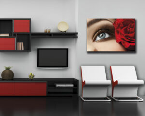 Quadro moderno bellezza "OCCHI DI DONNA CON ROSA ROSSA"