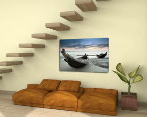 Quadro moderno paesaggio mare "BARCHE DI PESCATORI A RIVA" - Stampa su tela