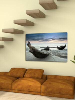 Quadro moderno paesaggio mare "BARCHE DI PESCATORI A RIVA" - Stampa su tela