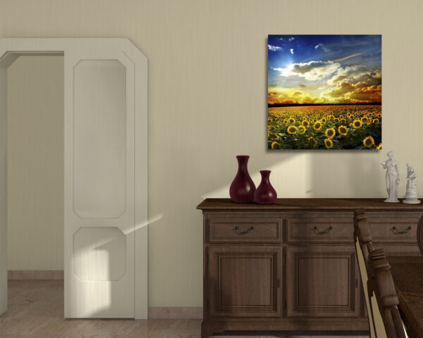 Quadro moderno natura "CAMPO DI GIRASOLI AL TRAMONTO" - Stampa su tela
