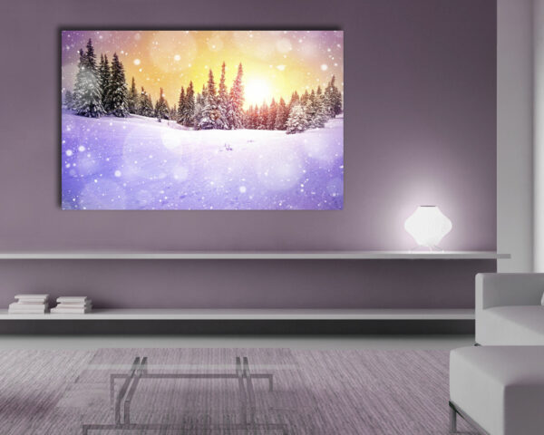 Quadro moderno inverno "SOLE SUI PINI INNEVATI" - Stampa su tela