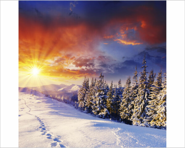 Quadro moderno inverno "TRAMONTO SULLA NEVE" - Stampa su tela