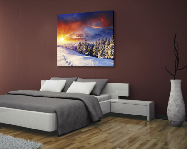 Quadro moderno inverno "TRAMONTO SULLA NEVE" - Stampa su tela