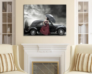 Quadro vintage "AUTO D'EPOCA CON RAGAZZA" - Stampa su tela