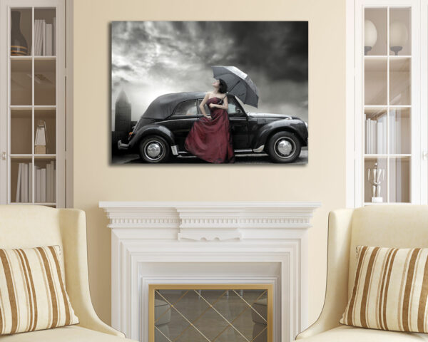 Quadro vintage "AUTO D'EPOCA CON RAGAZZA" - Stampa su tela