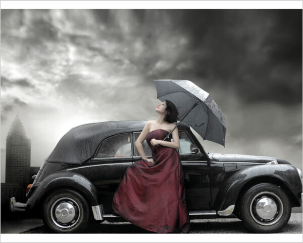 Quadro vintage "AUTO D'EPOCA CON RAGAZZA" - Stampa su tela