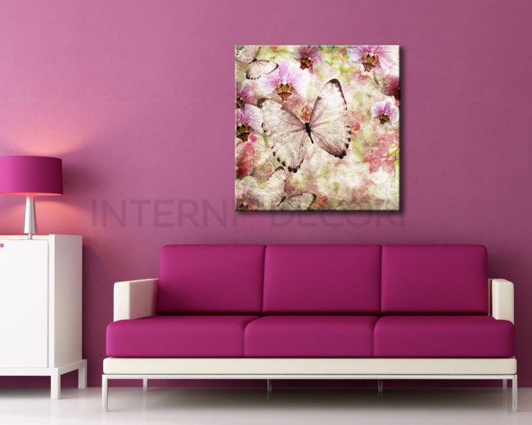 Quadro su tela arte "FARFALLE VINTAGE E FIORI" - Stampa su tela