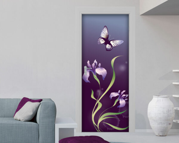 Decorazione porta "FIORI VIOLA CON FARFALLA"