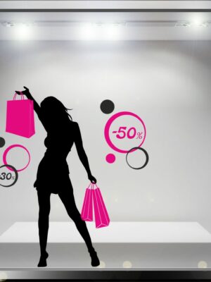 Adesivo per vetrine saldi "RAGAZZA FASHION E CERCHI" - Vetrofania