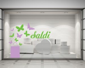 Adesivo per vetrine "SALDI CON FARFALLE" - Vetrofania