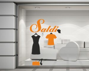 Adesivo per vetrine "SALDI CON VESTITI" - Vetrofania