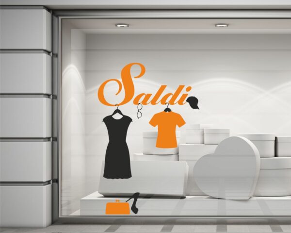 Adesivo per vetrine "SALDI CON VESTITI" - Vetrofania