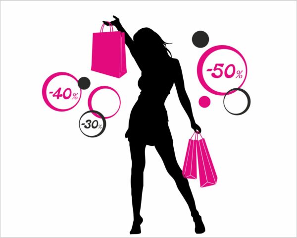 Adesivo per vetrine saldi "RAGAZZA FASHION E CERCHI" - Vetrofania