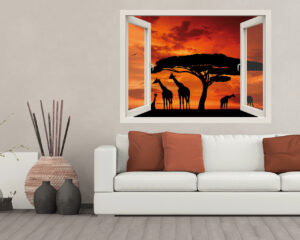Adesivo murale finestra animali "VISTA SULLA SAVANA" - Finestra illusione