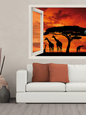 Adesivo murale finestra animali "VISTA SULLA SAVANA" - Finestra illusione