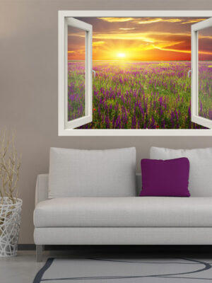 Adesivo murale finestra "TRAMONTO SUI FIORI" - Finestra illusione