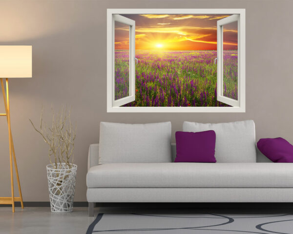 Adesivo murale finestra "TRAMONTO SUI FIORI" - Finestra illusione