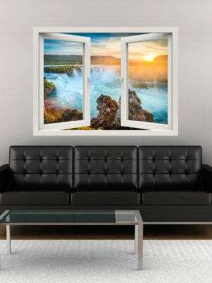 Finta finestra adesiva con cascata e tramonto "RAGGI DI SOLE SULLE CASCATE"