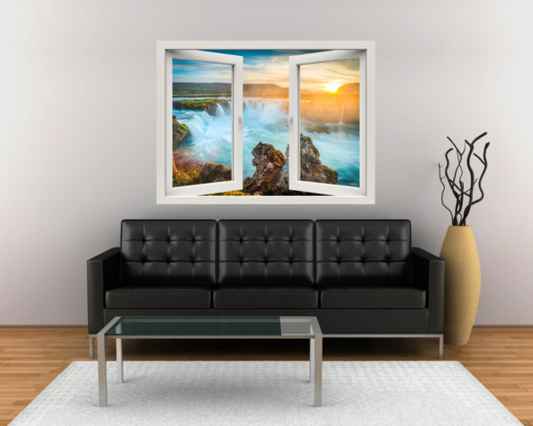 Finta finestra adesiva con cascata e tramonto "RAGGI DI SOLE SULLE CASCATE"