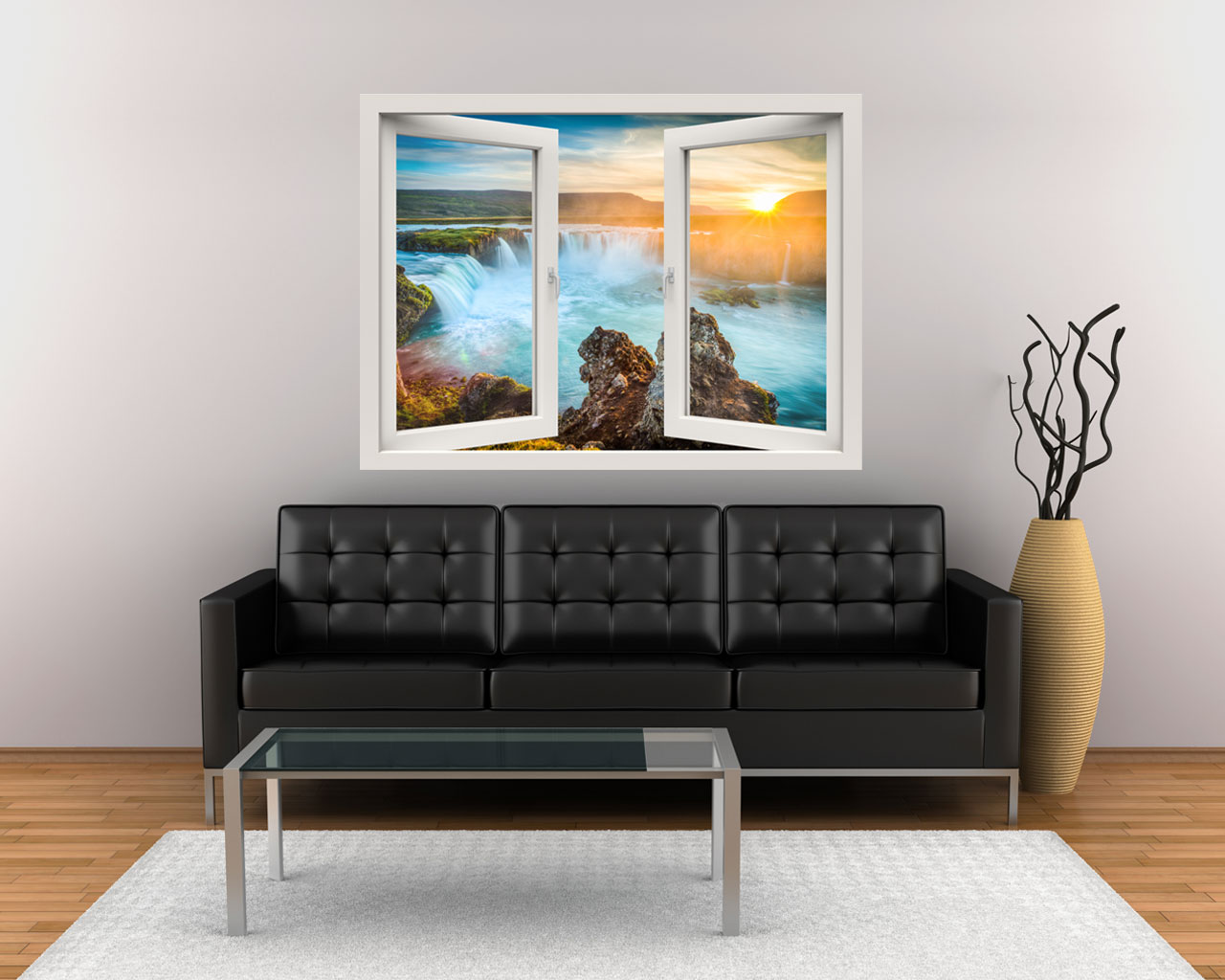 Finta finestra adesiva con cascata e tramonto "RAGGI DI SOLE SULLE CASCATE"