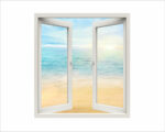 Adesivo murale finestra natura "SGUARDO SUL MARE ALL'ALBA" - Finestra illusione