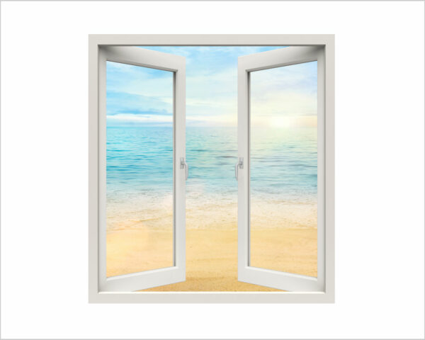 Adesivo murale finestra natura "SGUARDO SUL MARE ALL'ALBA" - Finestra illusione