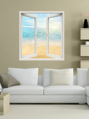 Adesivo murale finestra natura "SGUARDO SUL MARE ALL'ALBA" - Finestra illusione