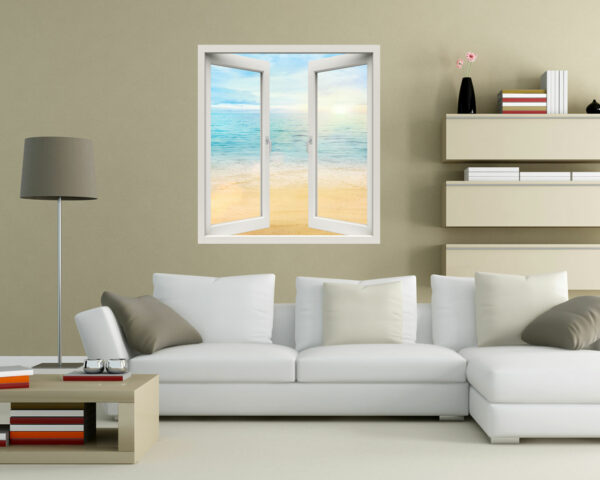 Adesivo murale finestra natura "SGUARDO SUL MARE ALL'ALBA" - Finestra illusione