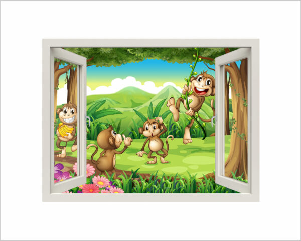 Adesivo murale finestra "SCIMMIETTE NELLA GIUNGLA" - Infanzia - Finestra illusione