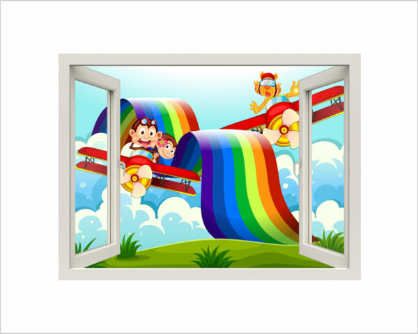 Adesivo murale finestra aeroplano "VOLANDO SULL'ARCOBALENO"  - Finestra illusione