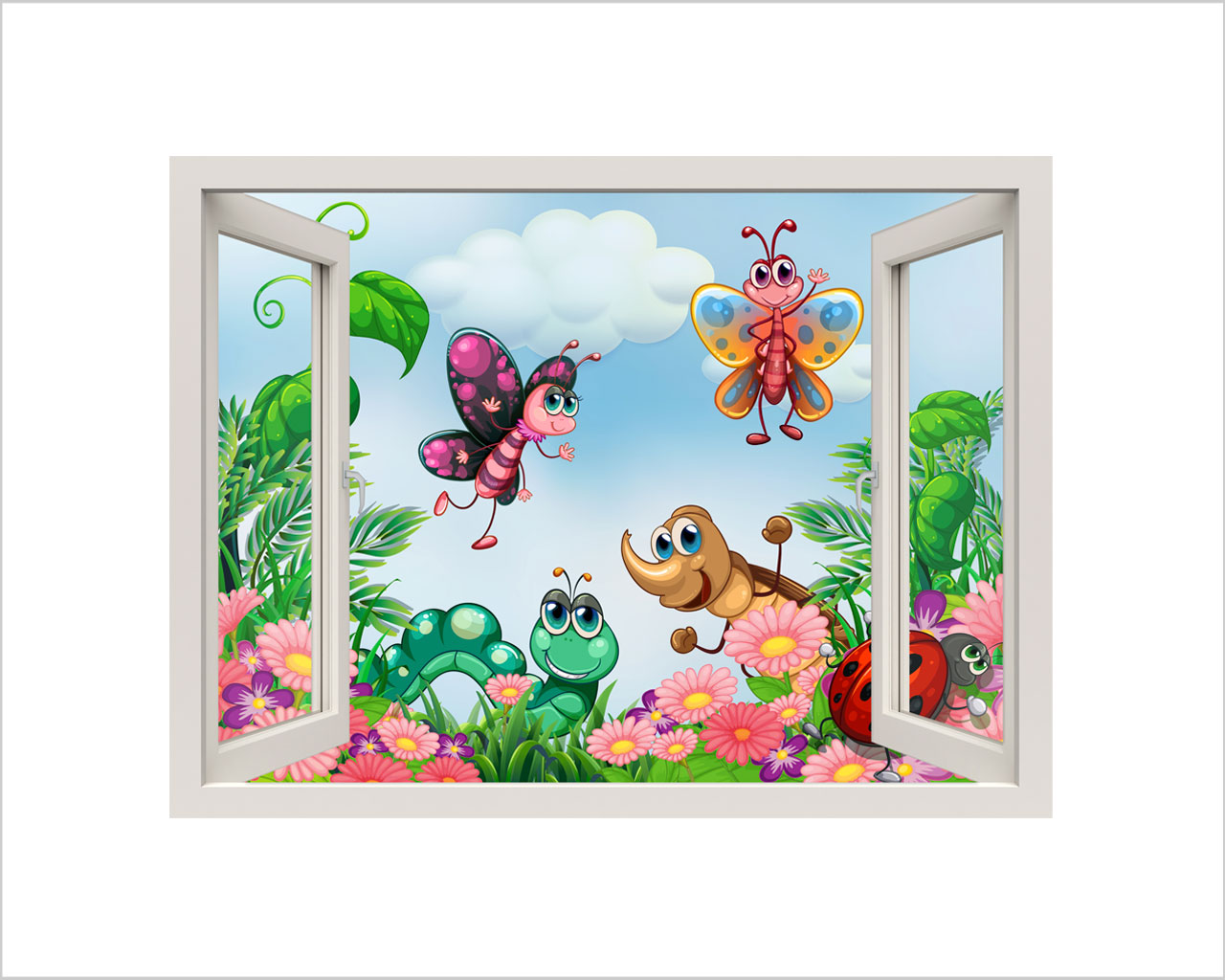 Adesivo murale finestra "INSETTI COLORATI NEL PRATO" - Finestra illusione
