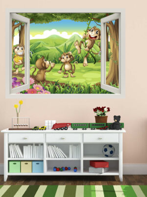 Adesivo murale finestra "SCIMMIETTE NELLA GIUNGLA" - Infanzia - Finestra illusione