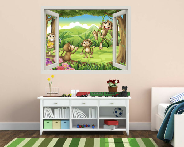 Adesivo murale finestra "SCIMMIETTE NELLA GIUNGLA" - Infanzia - Finestra illusione