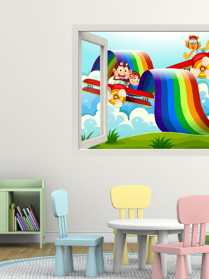 Adesivo murale finestra aeroplano "VOLANDO SULL'ARCOBALENO"  - Finestra illusione