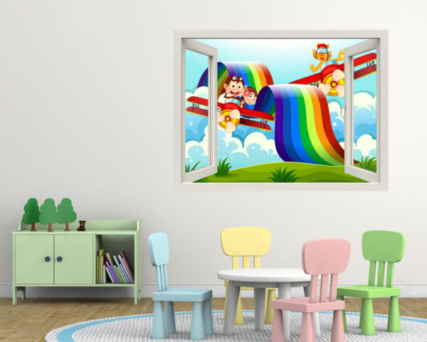 Adesivo murale finestra aeroplano "VOLANDO SULL'ARCOBALENO" - Finestra illusione