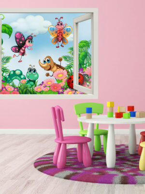 Adesivo murale finestra "INSETTI COLORATI NEL PRATO" - Finestra illusione