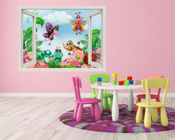Adesivo murale finestra "INSETTI COLORATI NEL PRATO" - Finestra illusione