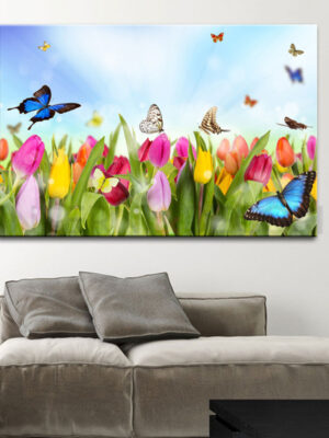 Quadro moderno fiori "TULIPANI E FARFALLE" - Stampa su tela