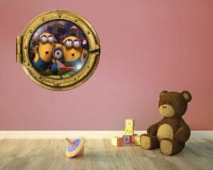 Adesivo 3d muro bambini "TRE SIMPATICI MINIONS" - Sticker oblò