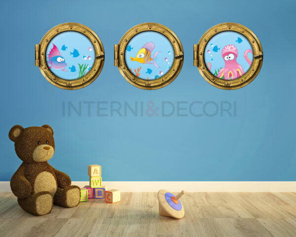 Adesivo 3d muro pesci "SIMPATICI AMICI DEL MARE" - Sticker oblò