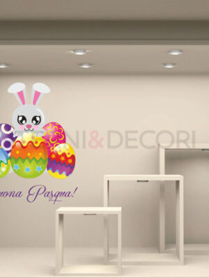 Adesivo per vetrine Pasqua "CONIGLIETTO CON UOVA" - Vetrofania