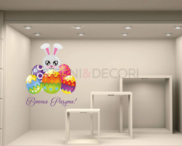 Adesivo per vetrine Pasqua "CONIGLIETTO CON UOVA" - Vetrofania