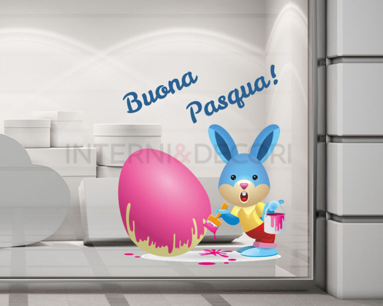 Adesivo per vetrine Pasqua "CONIGLIETTO CHE DIPINGE" - Vetrofania