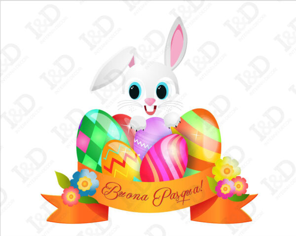 Adesivo per vetrine Pasqua "CONIGLIETTO TRA UOVA COLORATE" - Vetrofania