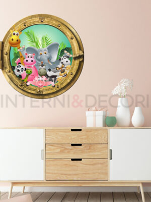 Adesivo 3d muro animali "TUTTI INSIEME NELLA FORESTA" - Sticker oblò