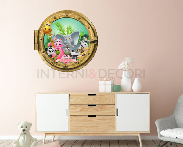 Adesivo 3d muro animali "TUTTI INSIEME NELLA FORESTA" - Sticker oblò