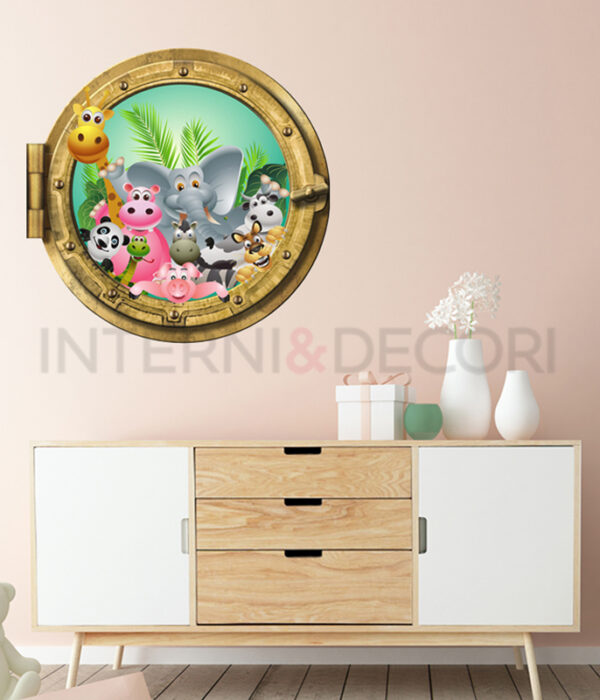 Adesivo 3d muro animali "TUTTI INSIEME NELLA FORESTA" - Sticker oblò