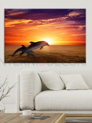 Quadro moderno delfini "SALTO AL TRAMONTO" - Stampa su tela