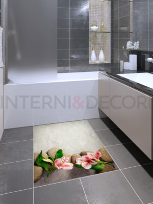 Adesivi per piastrelle bagno "FIORI ROSA SU PIETRE" - Adesivo per pavimento